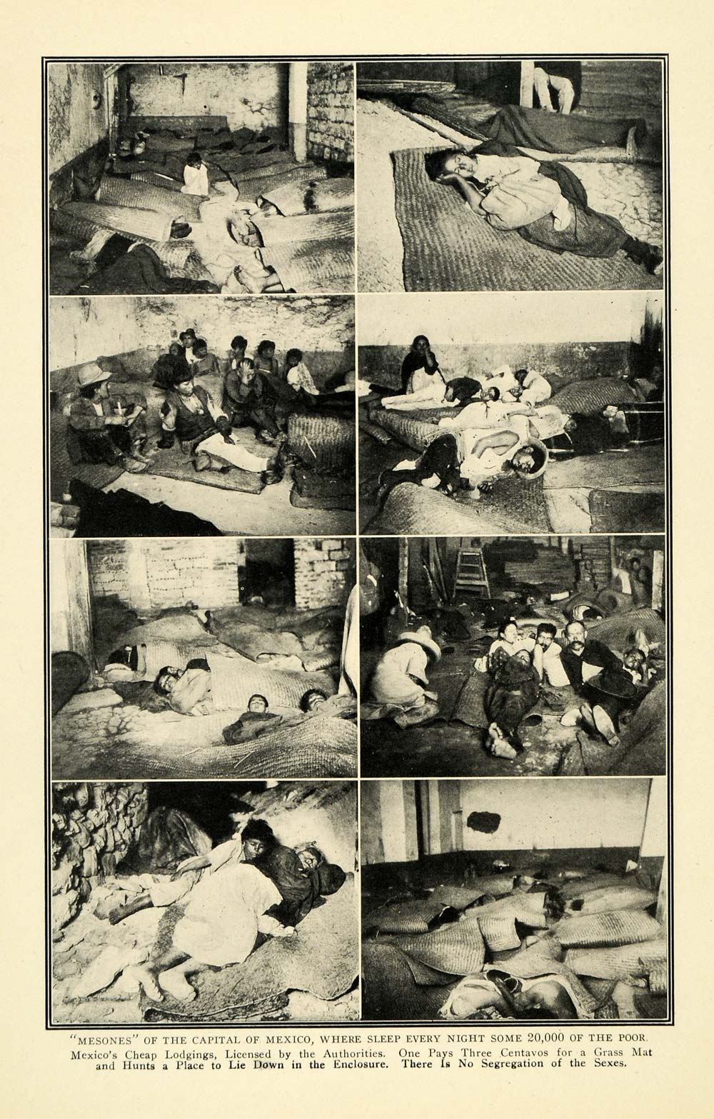 1910 Print Mexico City Poor Grass Mat Homeless Shelter ORIGINAL HISTORIC PM2