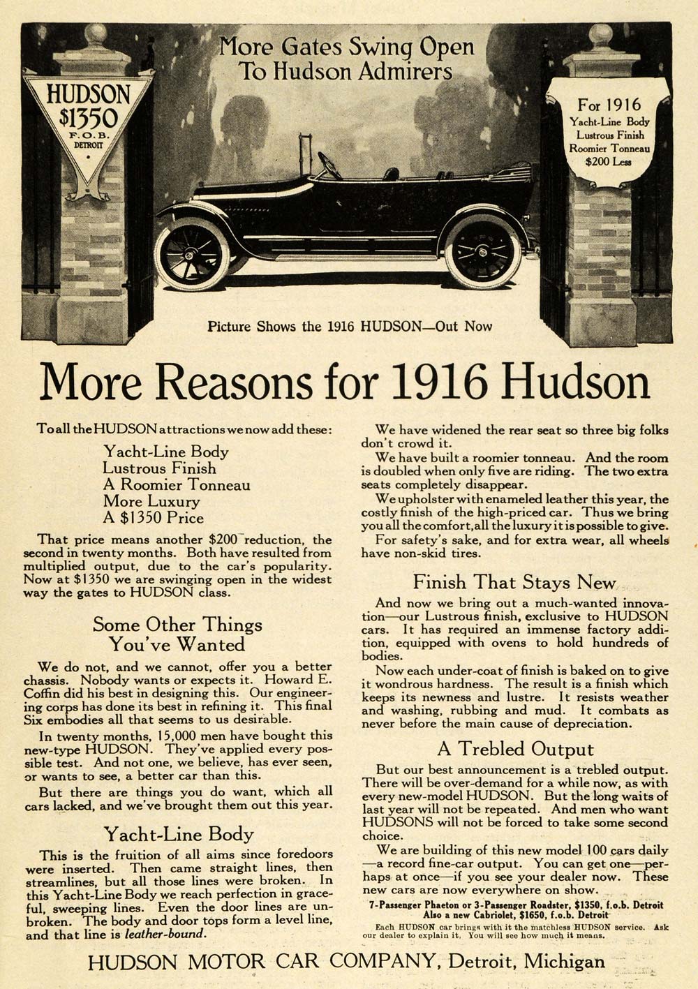 1915 Ad 1916 Hudson Antique Automobile Tonneau Specifications Yacht Line PM3
