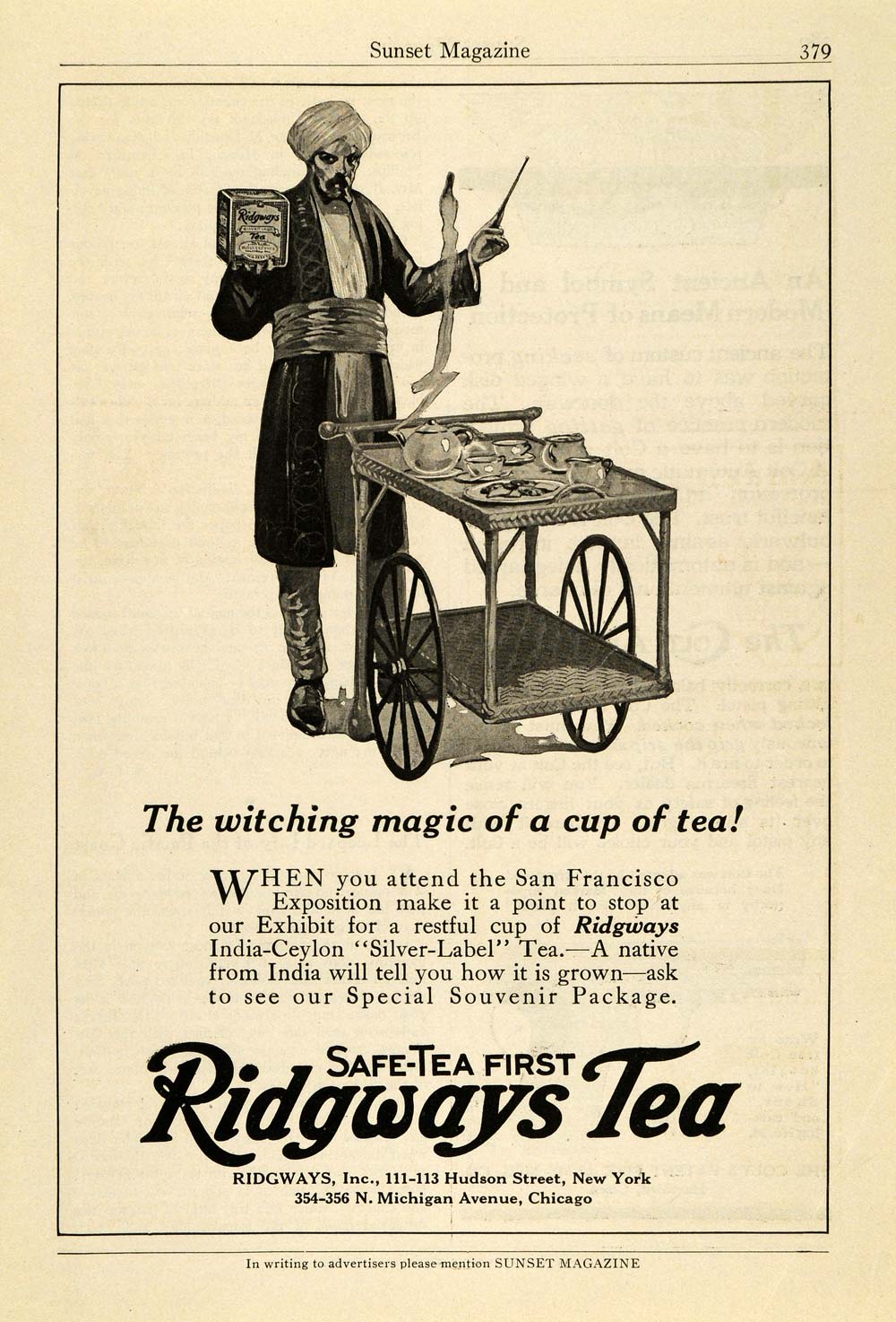 1915 Ad Ridgways India Ceylon Silver Label Tea Cup Cart Safe Tea Hudson St PM3