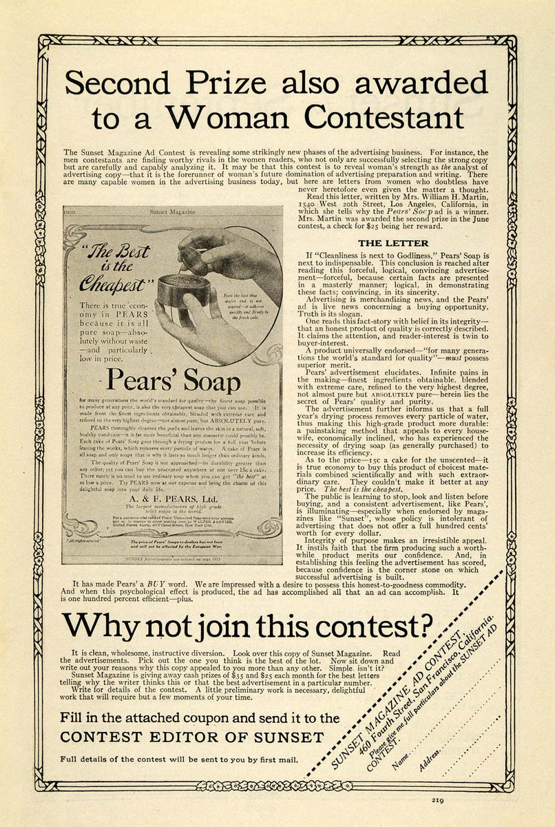1915 Ad Pears Soap Contest Mrs. William H Martin Win Los Angeles Sunse ...