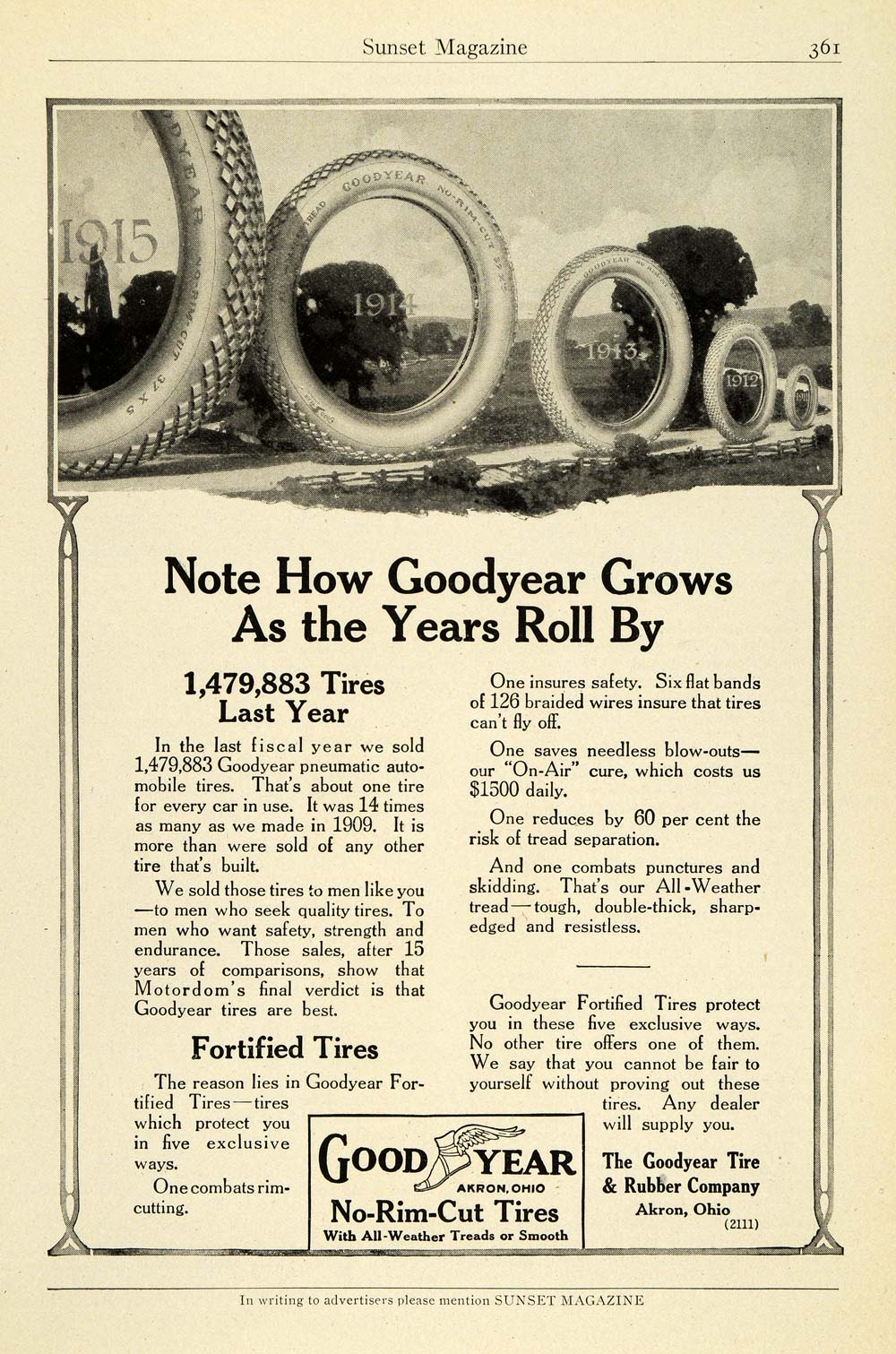 1915 Ad Goodyear Fortified Automobile Rubber Tire No Rim Cut Akron Ohio Car PM3
