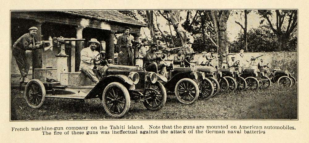 1914 Print French Machine Guns Antique Cars Tahiti World War I Military PM3