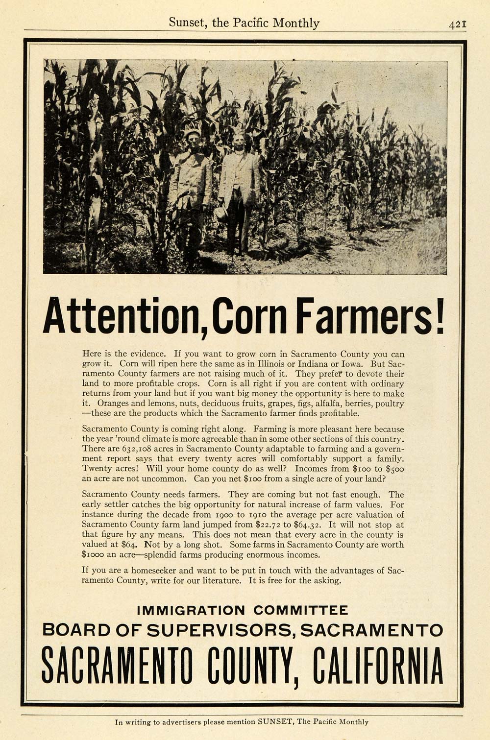 1914 Ad Sacramento County California Corn Farming Agriculture Real Estate PM3