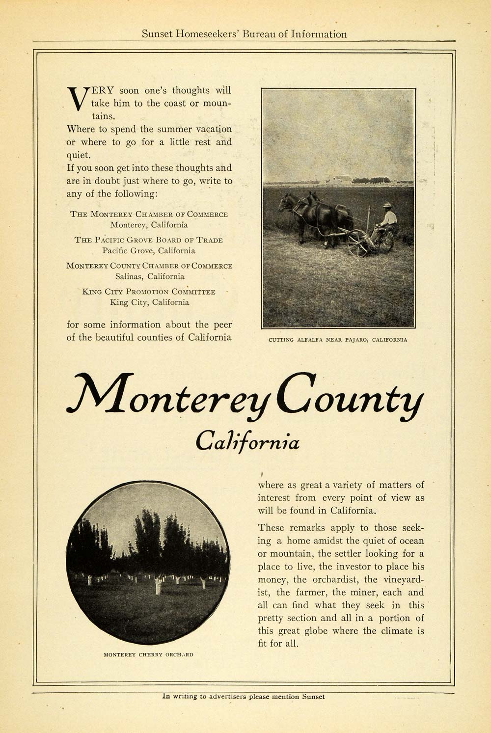1914 Ad Monterey County California Chamber Commerce Agriculture Pajaro King PM3