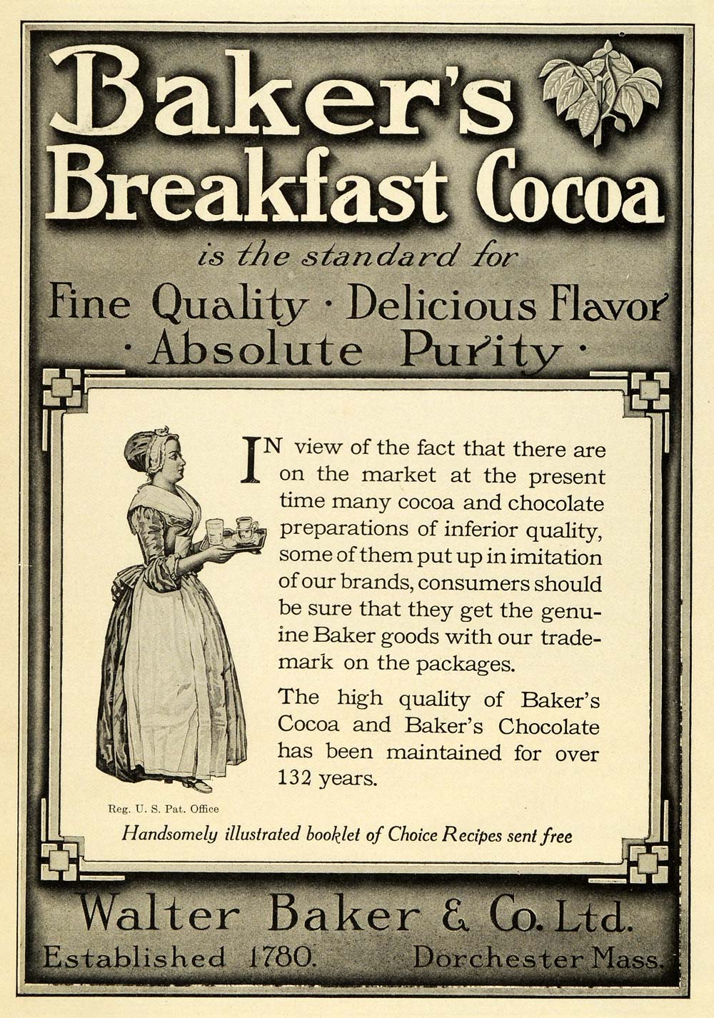 1912 Ad Walter Baker Baking Breakfast Cocoa Chocolate Maid Trademark Logo PM3