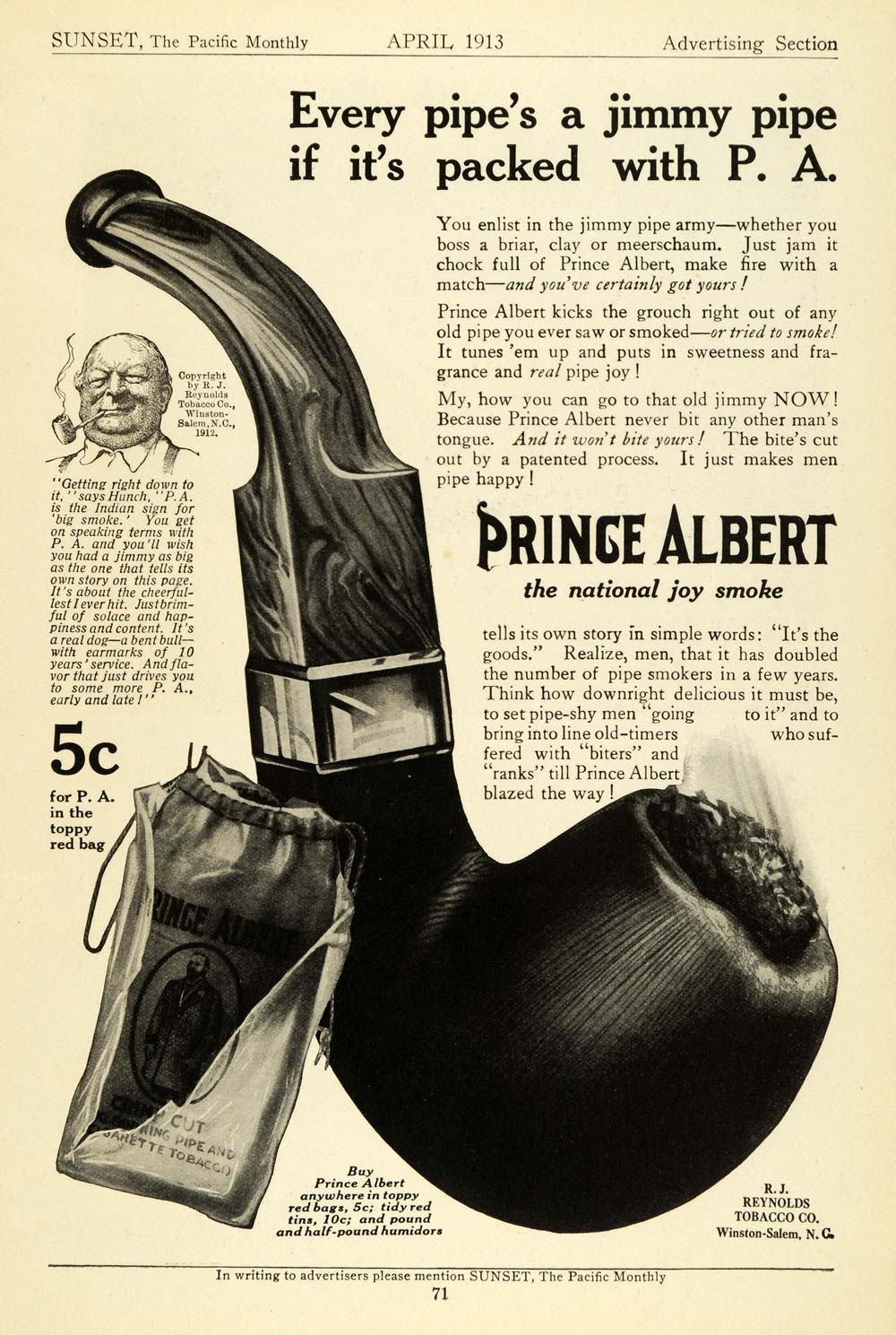 1913 Ad Prince Albert Jimmy Pipe Crimp Cut Tobacco R.J. Reynolds Pricing PM3