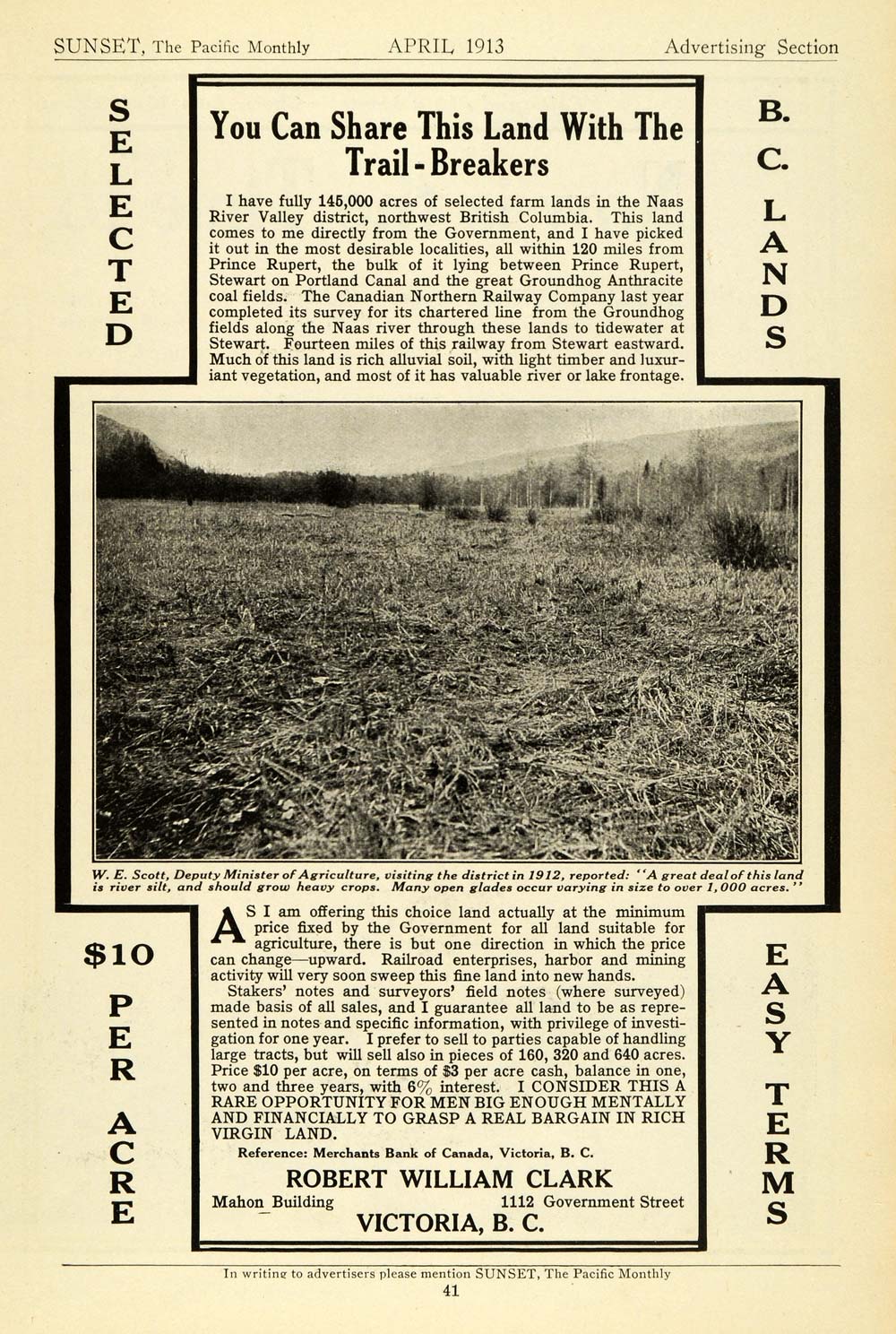 1913 Ad Nass River British Columbia Agricultural Realty Robert William Clark PM3
