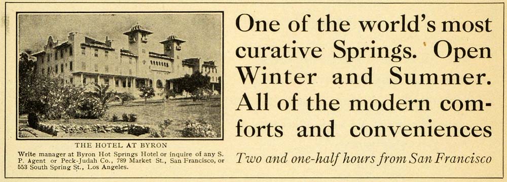 1910 Ad Byron Hot Springs Hotel San Francisco California Lodging Peck Judah PM3