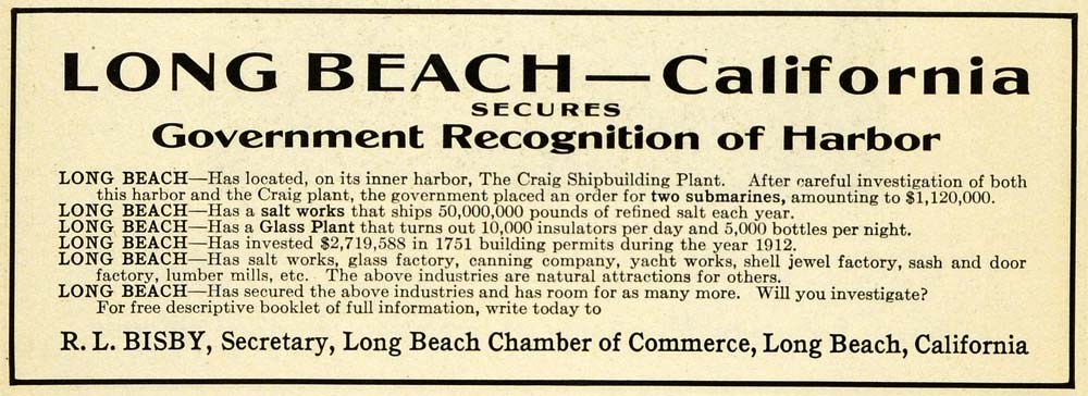 1913 Ad Long Beach California Chamber Commerce R L Bisby Craig Shipbuilding PM3