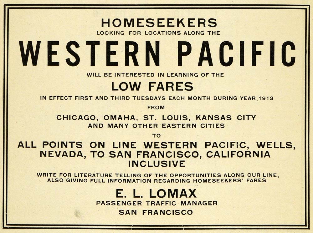 1913 Ad Western Pacific Railway Residential Home Real Estate Tourism E L PM3