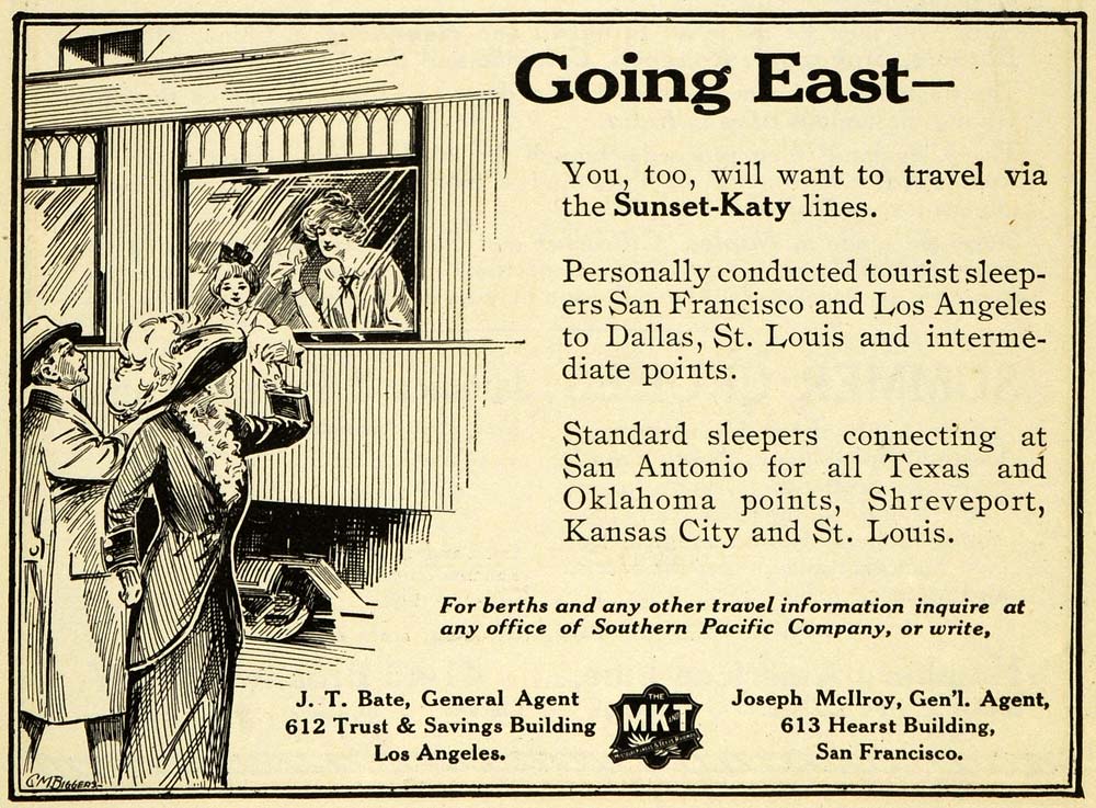 1913 Ad Southern Pacific Railway Sunset Katy Lines Travel JT Bate Joseph PM3