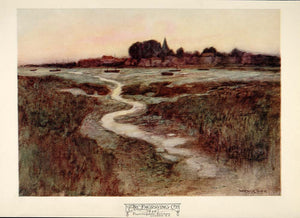 1908 Color Print Landscape Boats River Arc Engraving - ORIGINAL PNR2