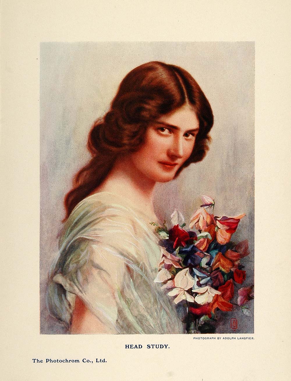 1908 Color Print Portrait Woman Flowers Adolph Langfier - ORIGINAL PNR2