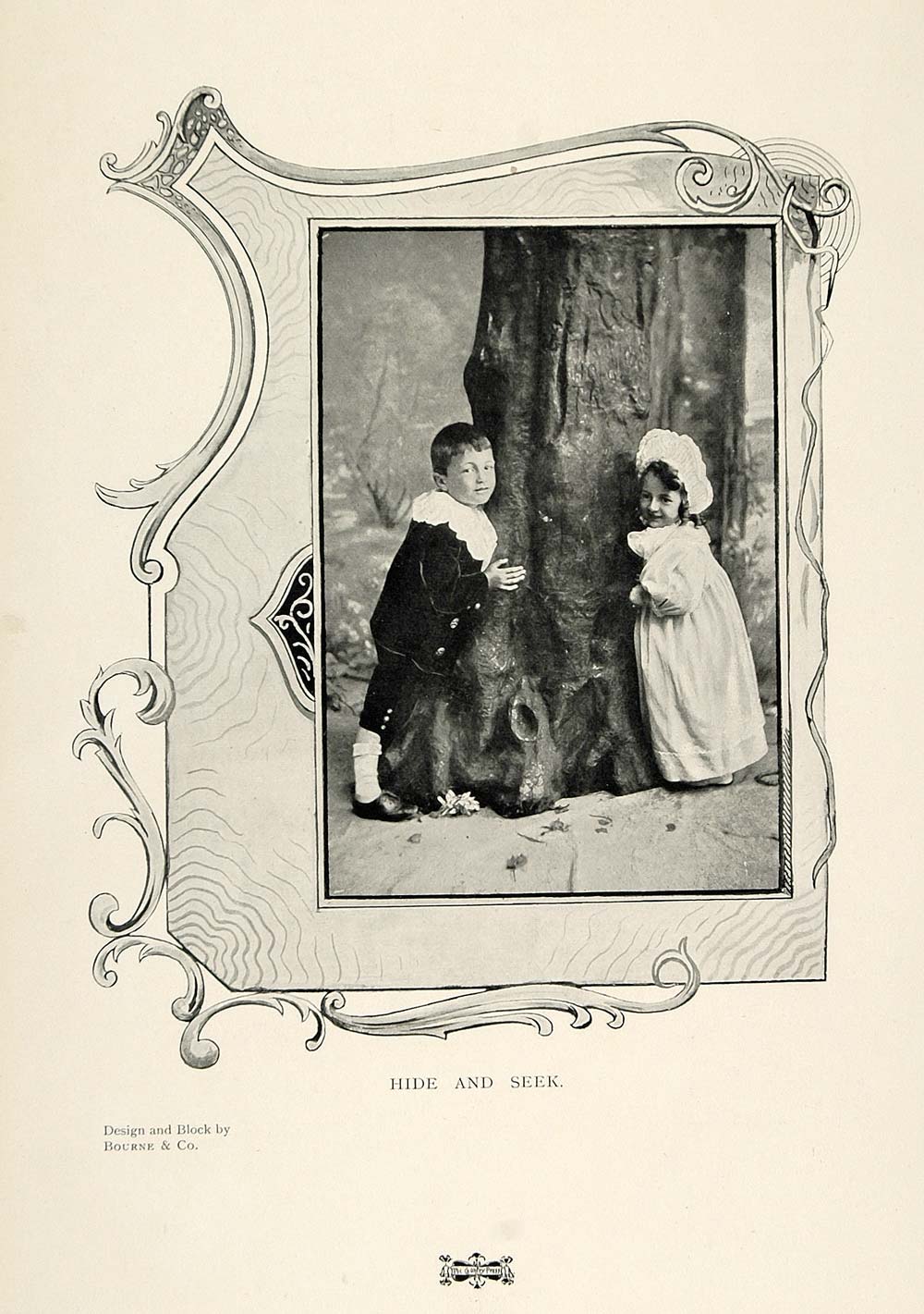 1901 Print Victorian Children Hide and Seek Game Tree ORIGINAL HISTORIC PNR4
