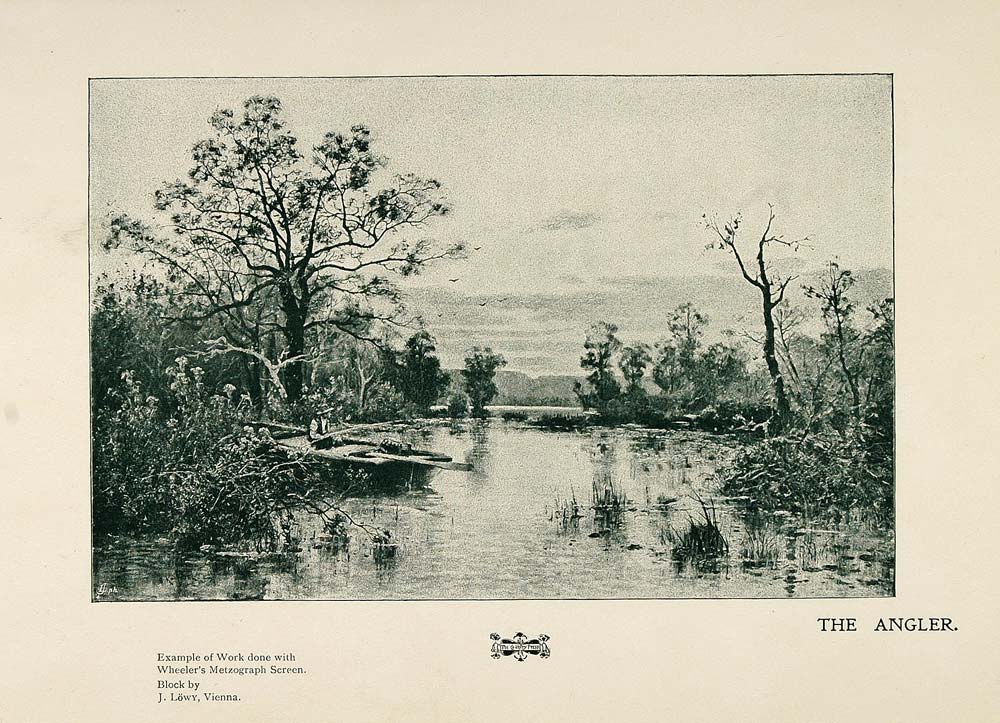 1901 Print Fisherman Boat Fishing Angler Lake Trees - ORIGINAL HISTORIC PNR4