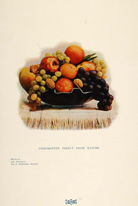 1901 Color Print Fruit Bowl Grapes Apple Orange Walnuts - ORIGINAL PNR4