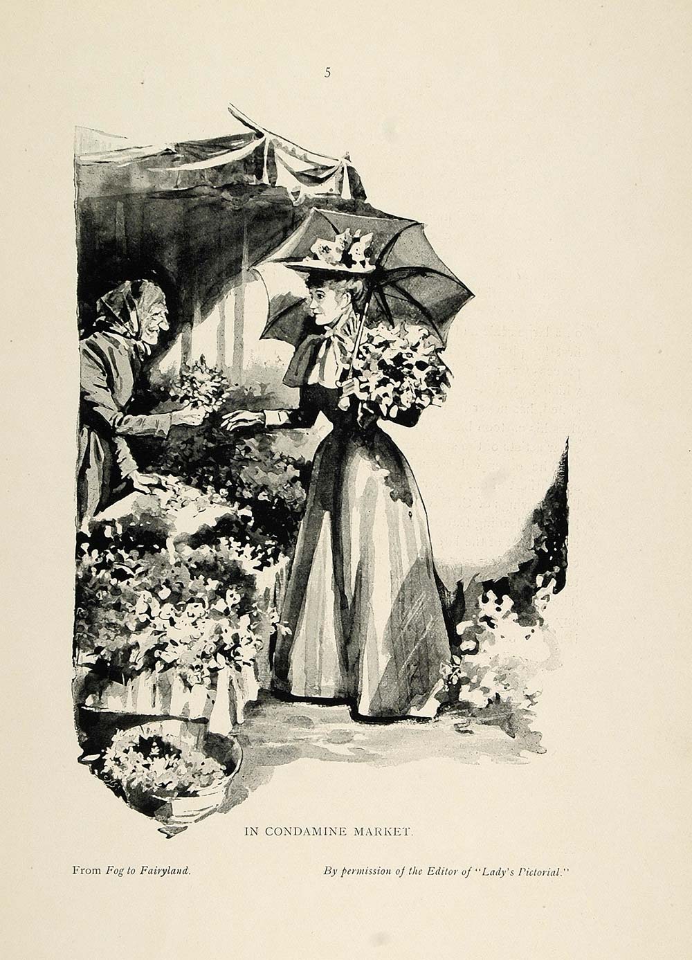 1897 Print Victorian Woman Condamine Flower Market - ORIGINAL PNR5