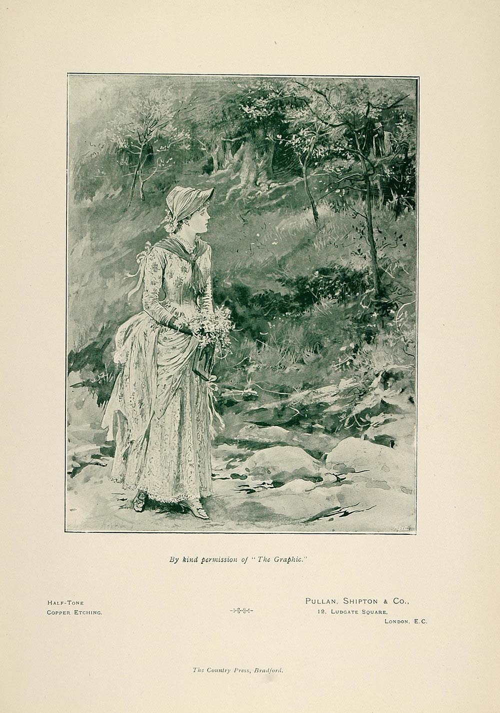 1897 Halftone Print Victorian Woman Woods Forest - ORIGINAL PNR5