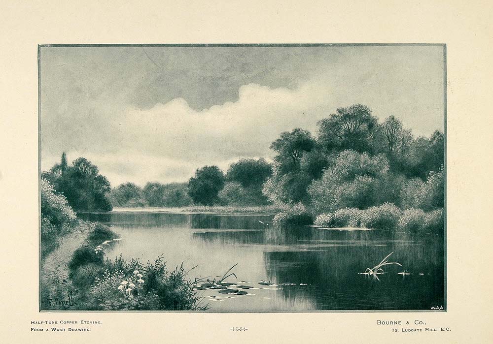 1897 Halftone Print Lake River Landscape Wash Drawing ORIGINAL HISTORIC PNR5