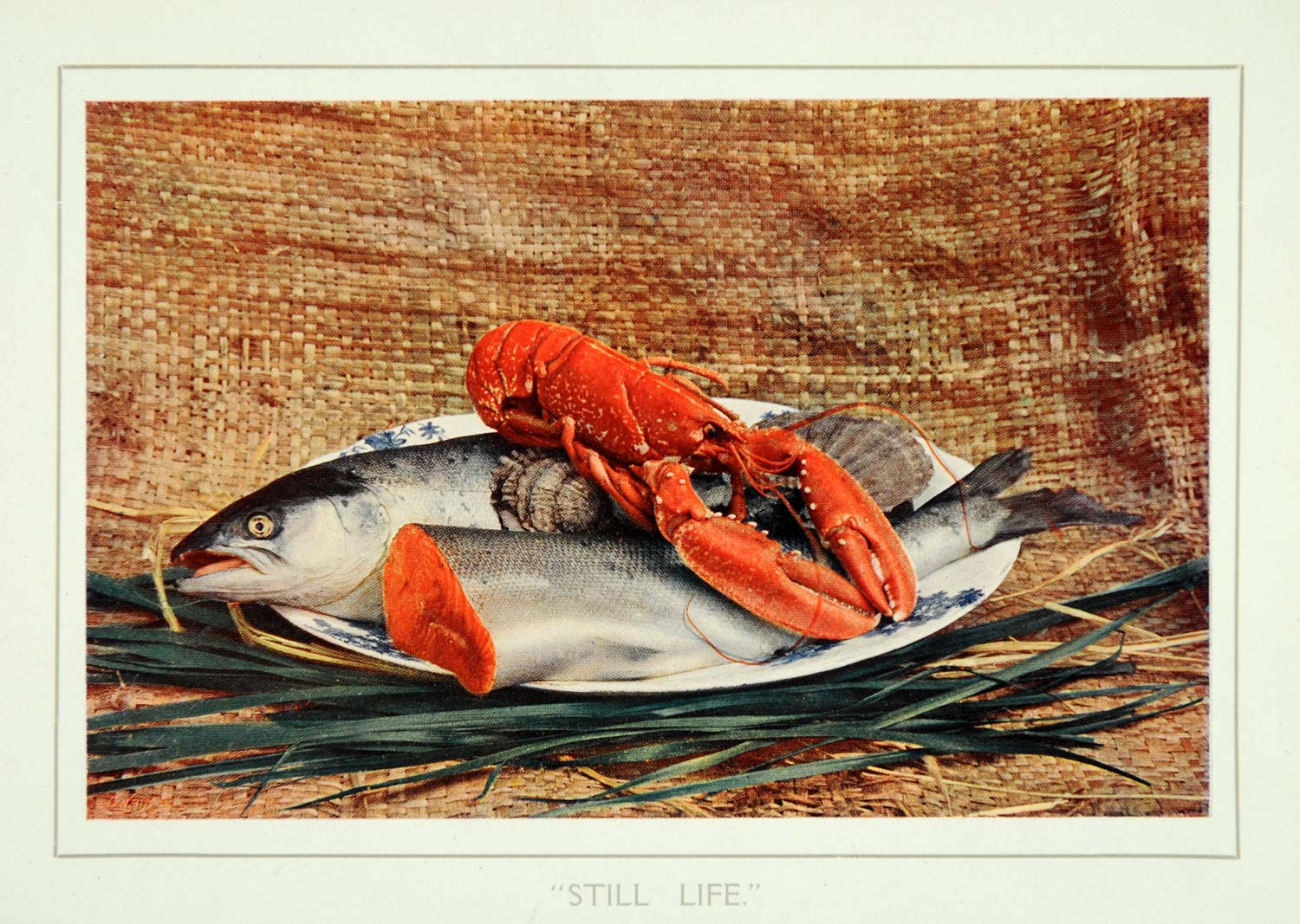 1907 Print Still Life Lobster Fish Plate Seafood Color Shells John Swain PNR7