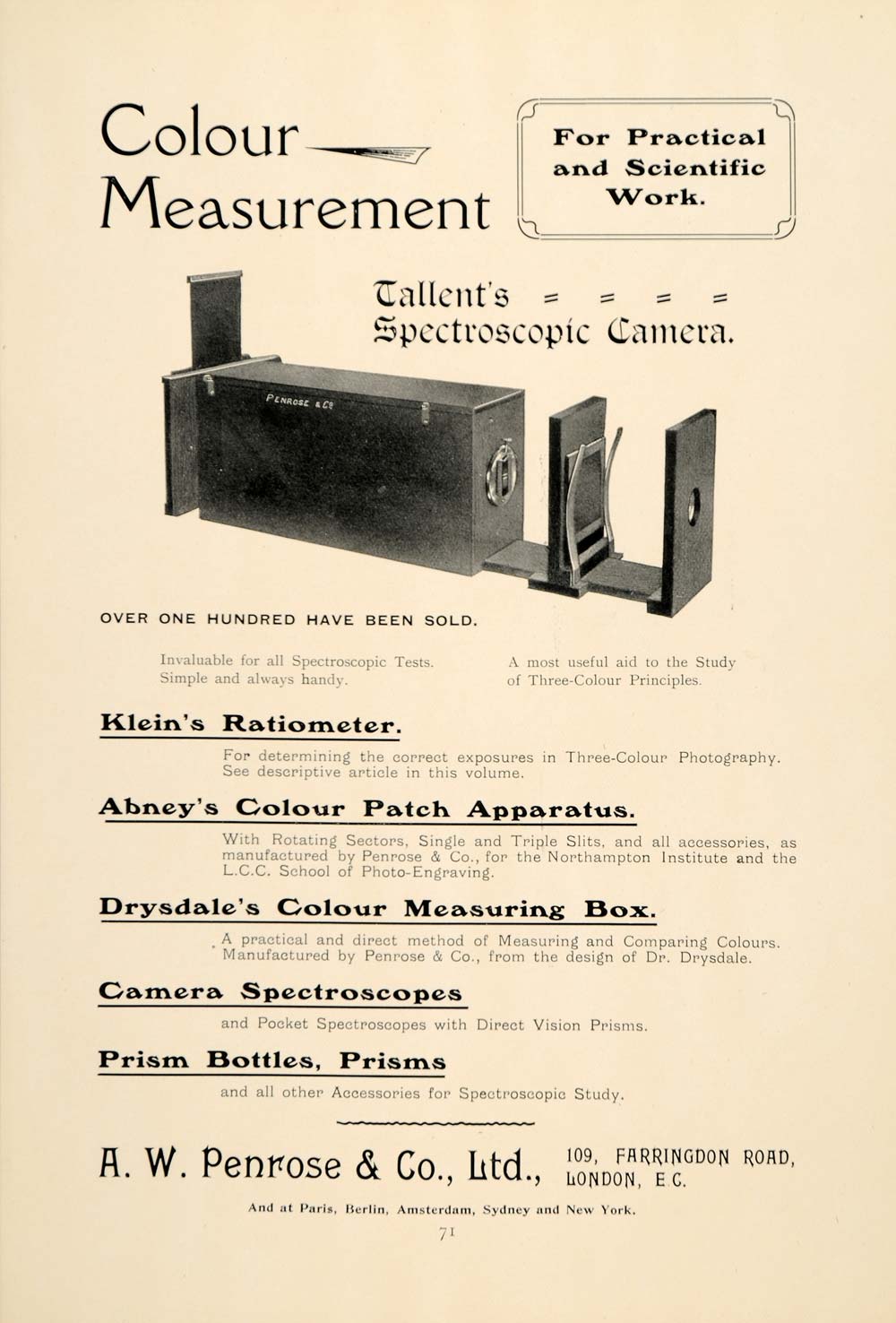 1907 Ad A W Penrose Co Tallent's Spectroscopic Camera Printing Industry PNR7
