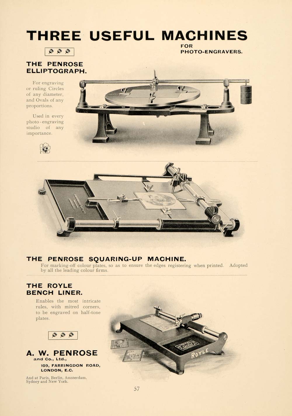 1907 Ad A W Penrose Vintage Engraving Machines Printing Squaring-Up Machine PNR7
