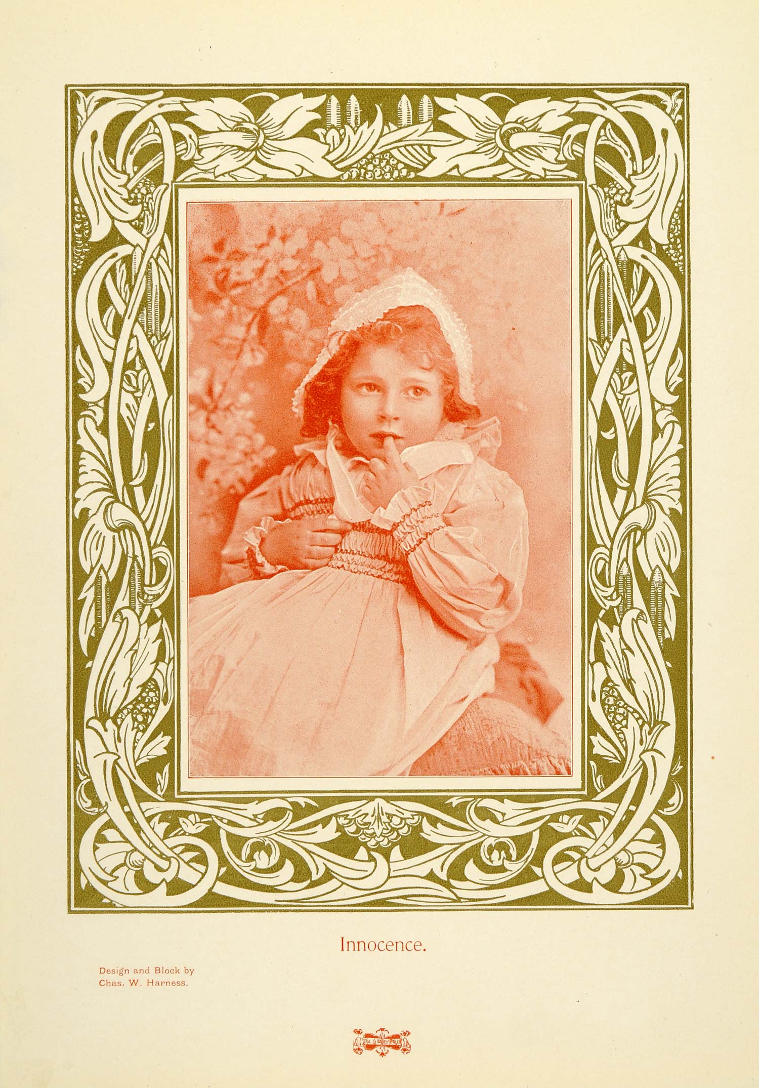 1905 Print Victorian Child Girl Portrait Art Nouveau Border Design PNR8
