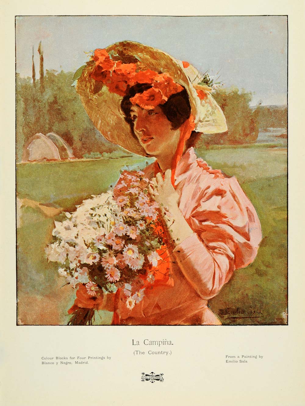 1905 Print Emilio Sala Portrait Woman Lady Hat Flowers Color Painting La PNR8
