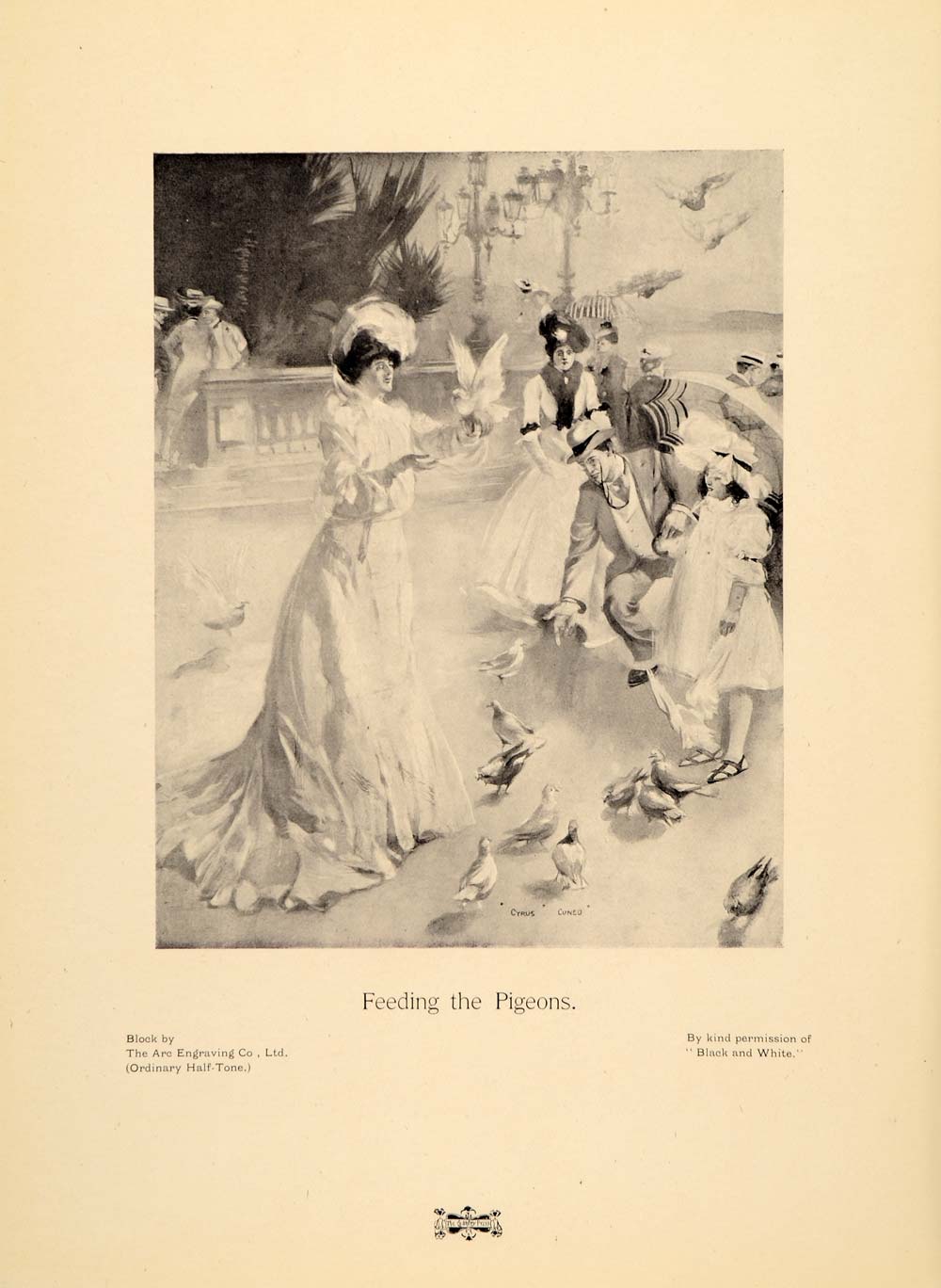 1905 Print Cyrus Cuneo Feeding the Pigeons Children Edwardian Fashion PNR8