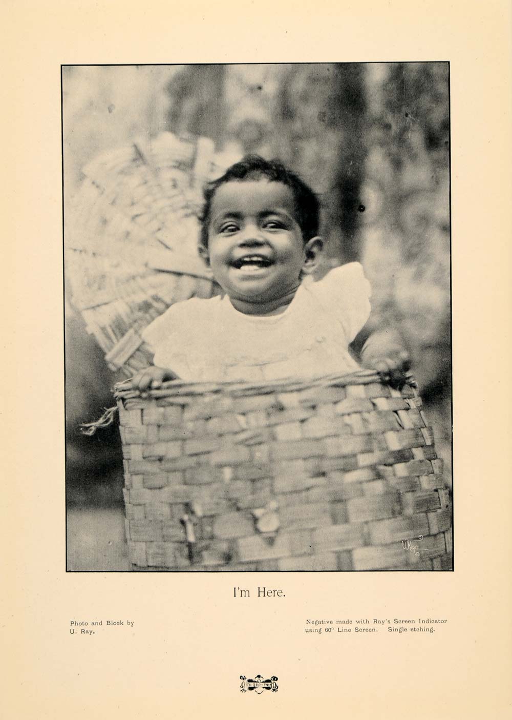 1905 Print Portrait Child Laughing In a Woven Basket U. Ray. Negative B/W PNR8