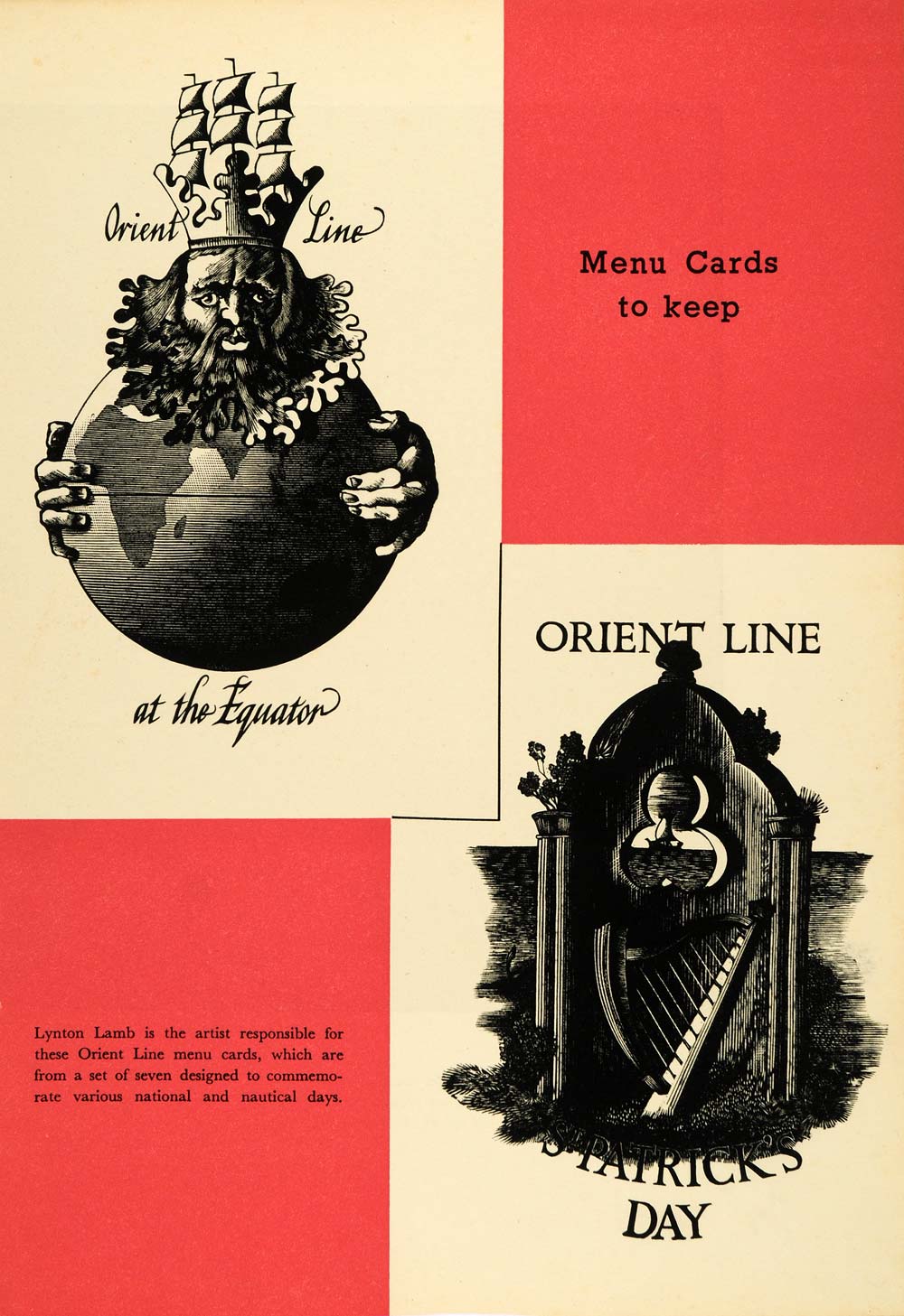 1936 Lithograph Orient Line St. Patricks Day Lynton Lamb Menu Card Designs PO6