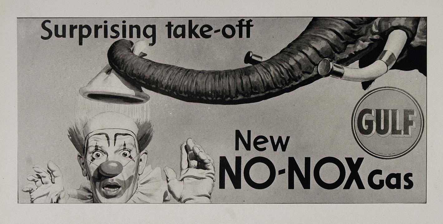 1947 Print Gulf Gas Clown Elephant Herbert Bohnert Ad ORIGINAL HISTORIC POS1