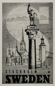1947 Print Stockholm Sweden Statue Travel Poster Ad - ORIGINAL HISTORIC POS1