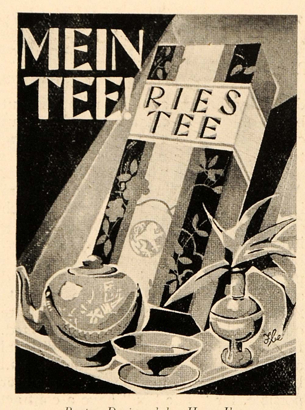 1927 Hans Ibe Ries Tee Tea Ad Poster Design B/W Print ORIGINAL HISTORIC POS3