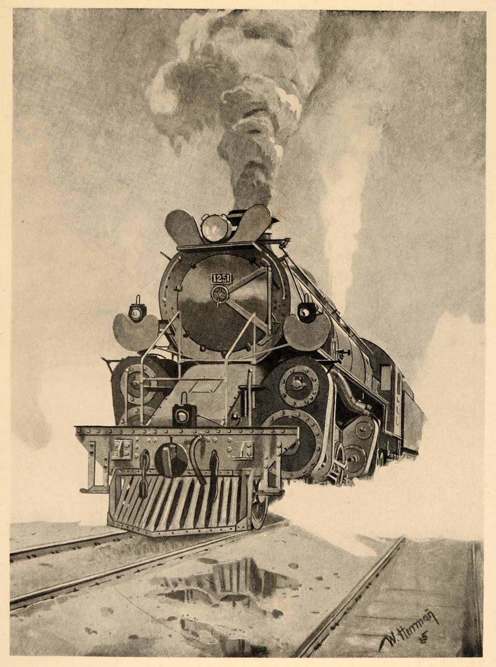 1926 Steam Train Locomotive Railroad W. Hermann Print ORIGINAL HISTORIC POS8A
