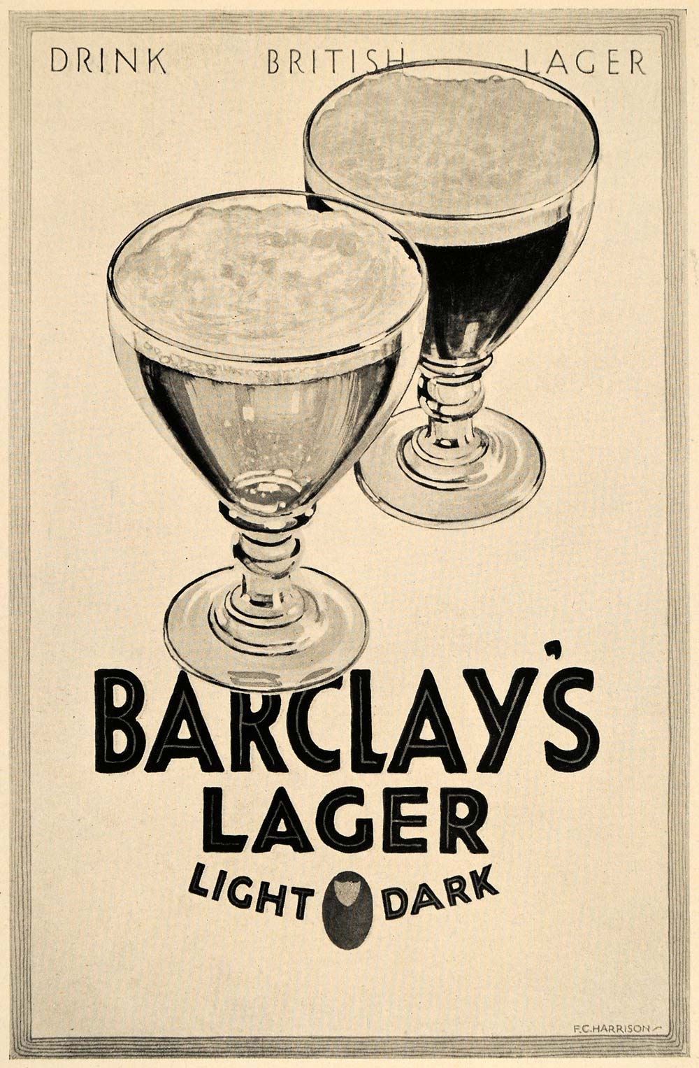 1926 Barclay's Lager Light Dark Beer F C Harrison Print ORIGINAL HISTORIC POS8A