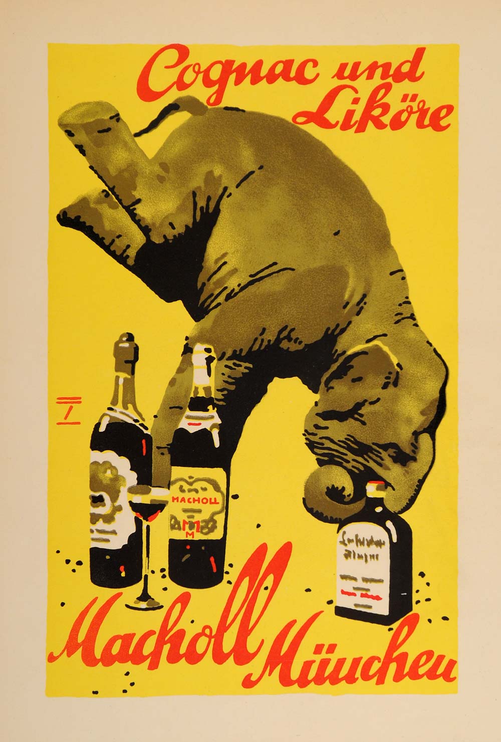 1926 Lithograph Ludwig Hohlwein Circus Elephant Macholl Cognac German Poster Art
