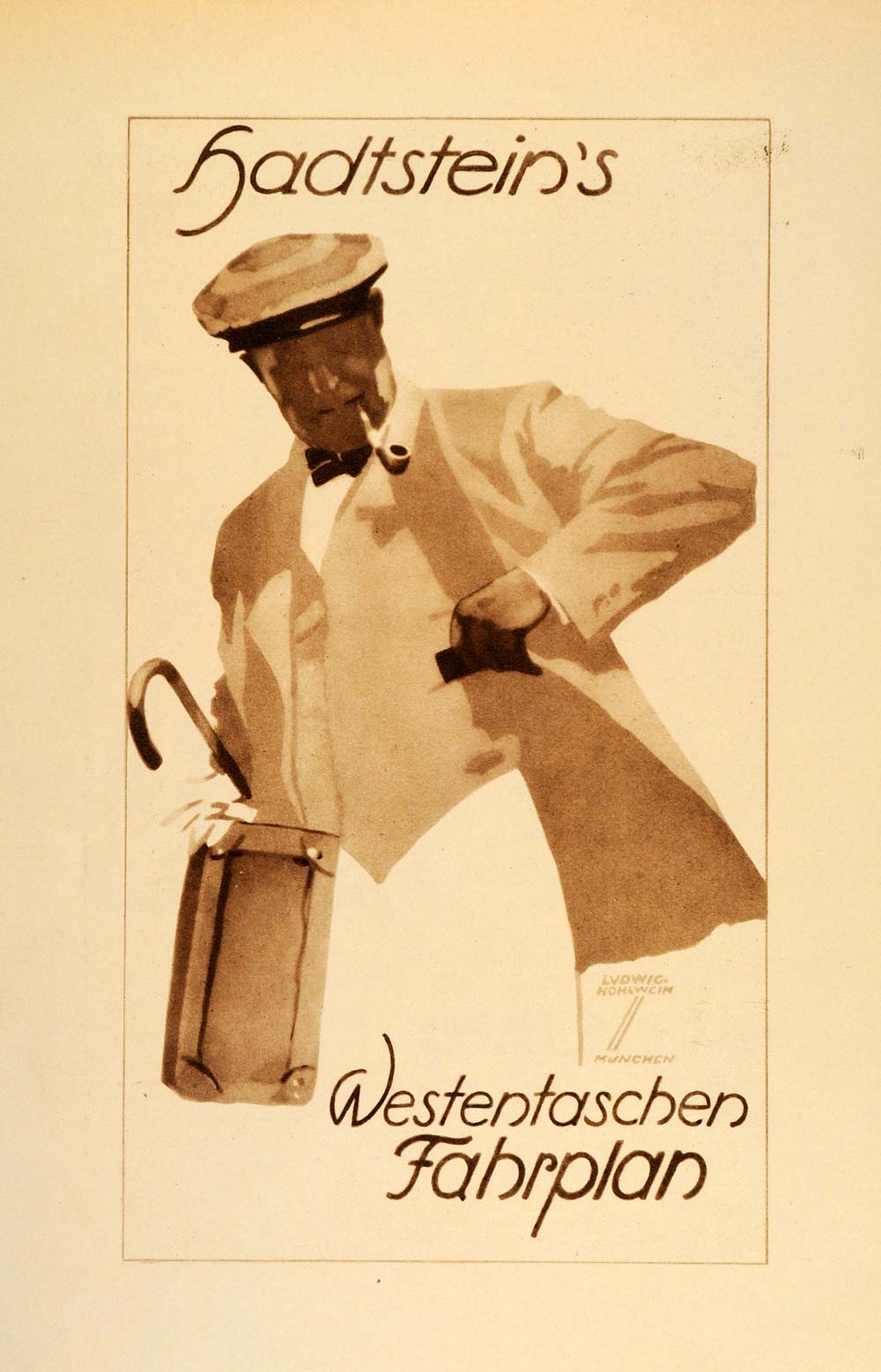 1926 Photogravure Hohlwein Hadtstein Tourist Suitcase Cane German Poster Art Ad