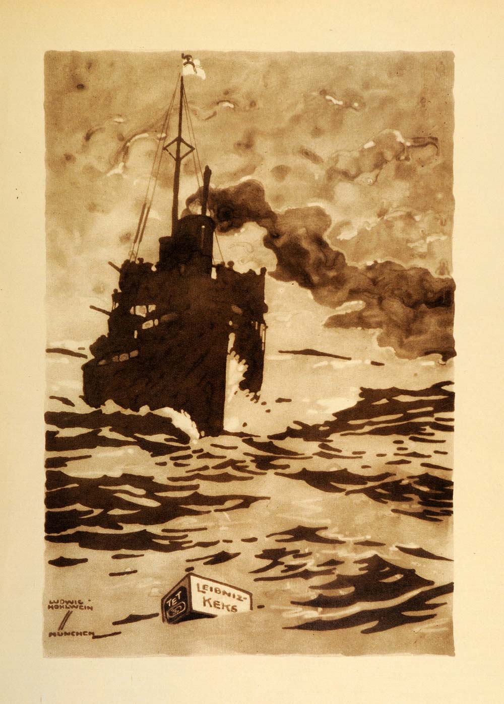 1926 Photogravure Ludwig Hohlwein Leibniz-Keks WWI Warship German Poster Art Ad