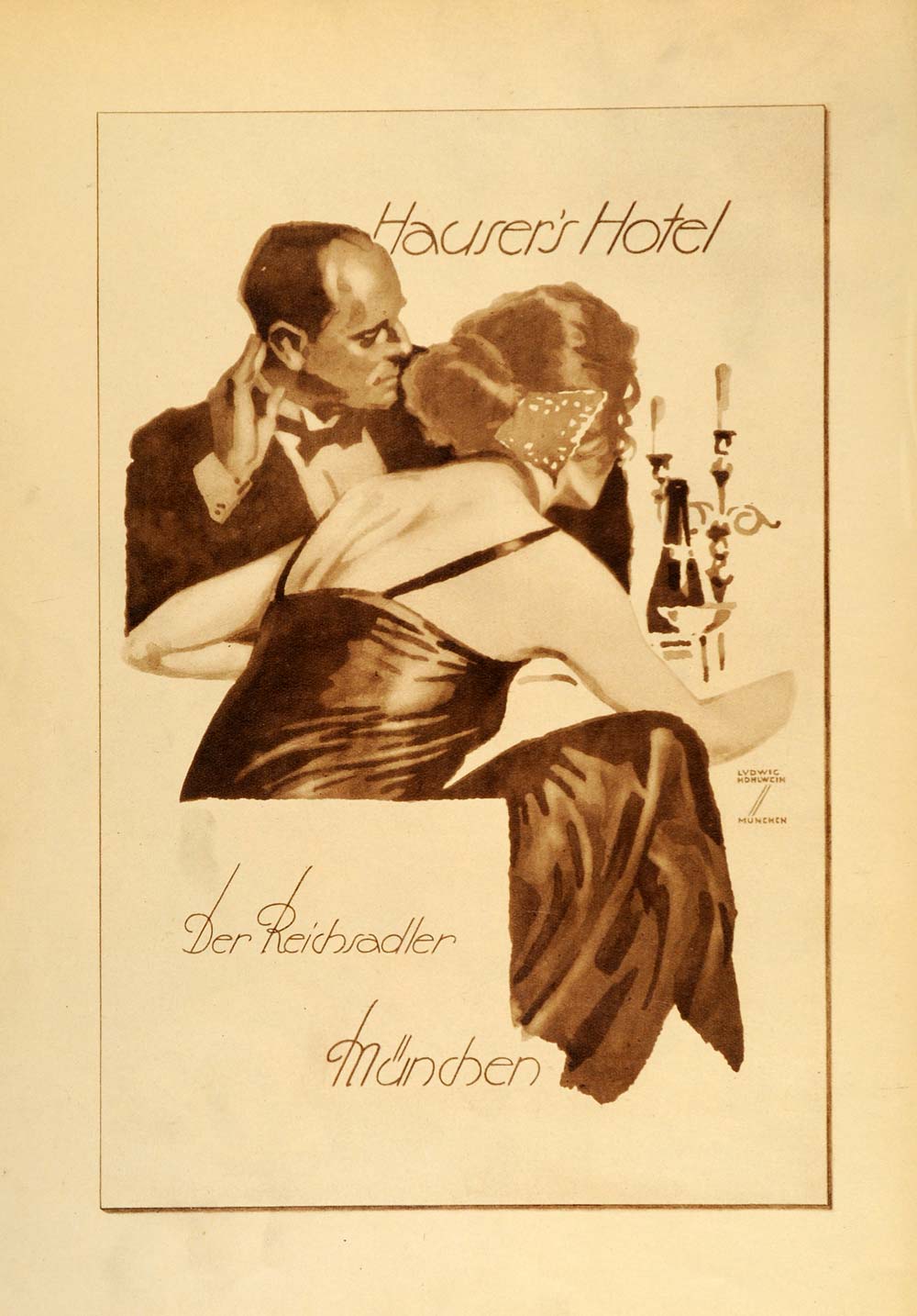 1926 Photogravure Ludwig Hohlwein Hauser's Hotel Munich German Poster Art Ad