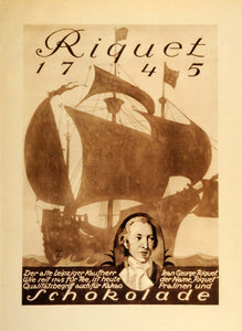 1926 Photogravure Hohlwein Riquet Schokolade Sailing Ship German Poster Art Ad