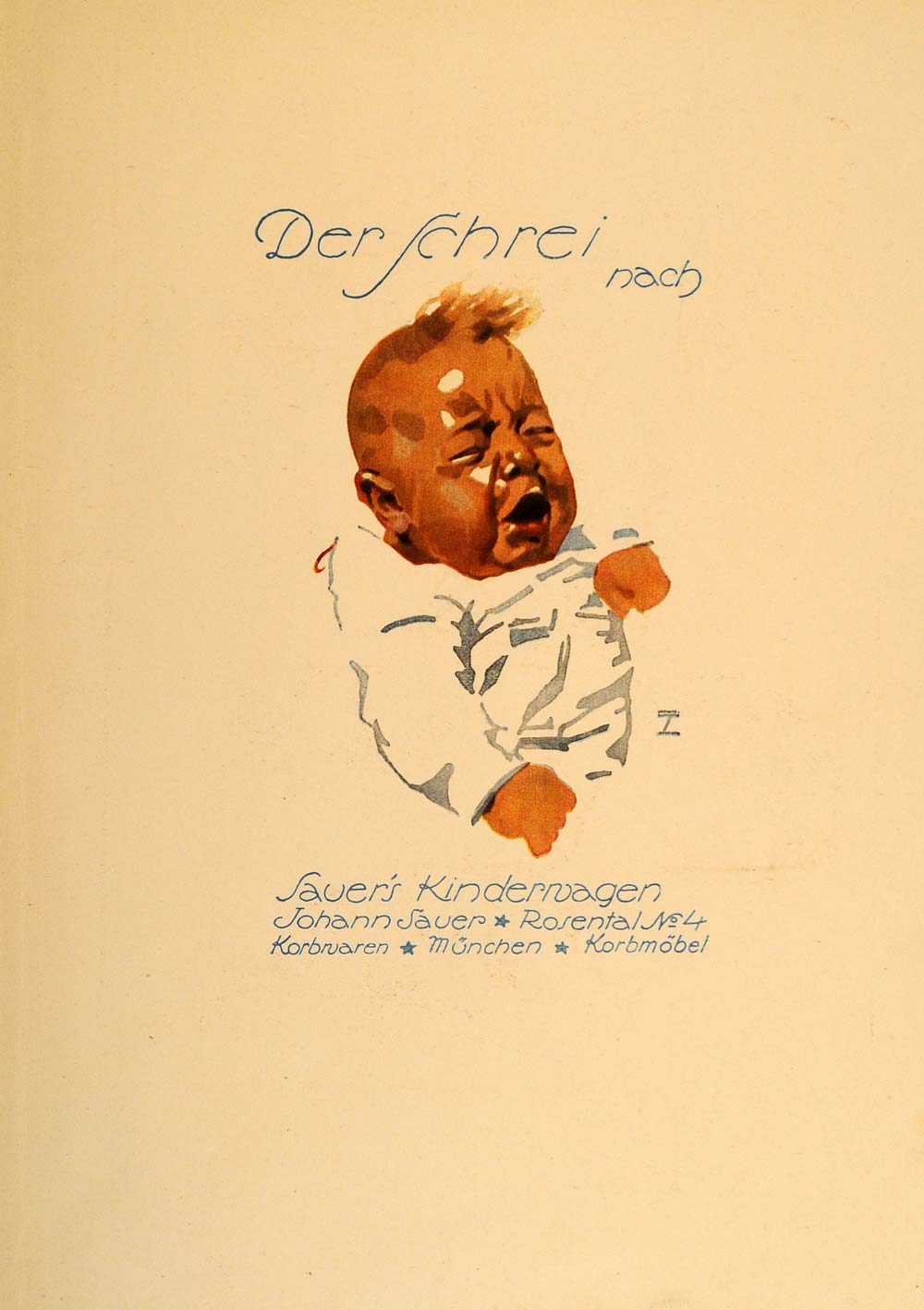 1926 Lithograph Ludwig Hohlwein Crying Baby Sauer Kinderwagen German Poster Art
