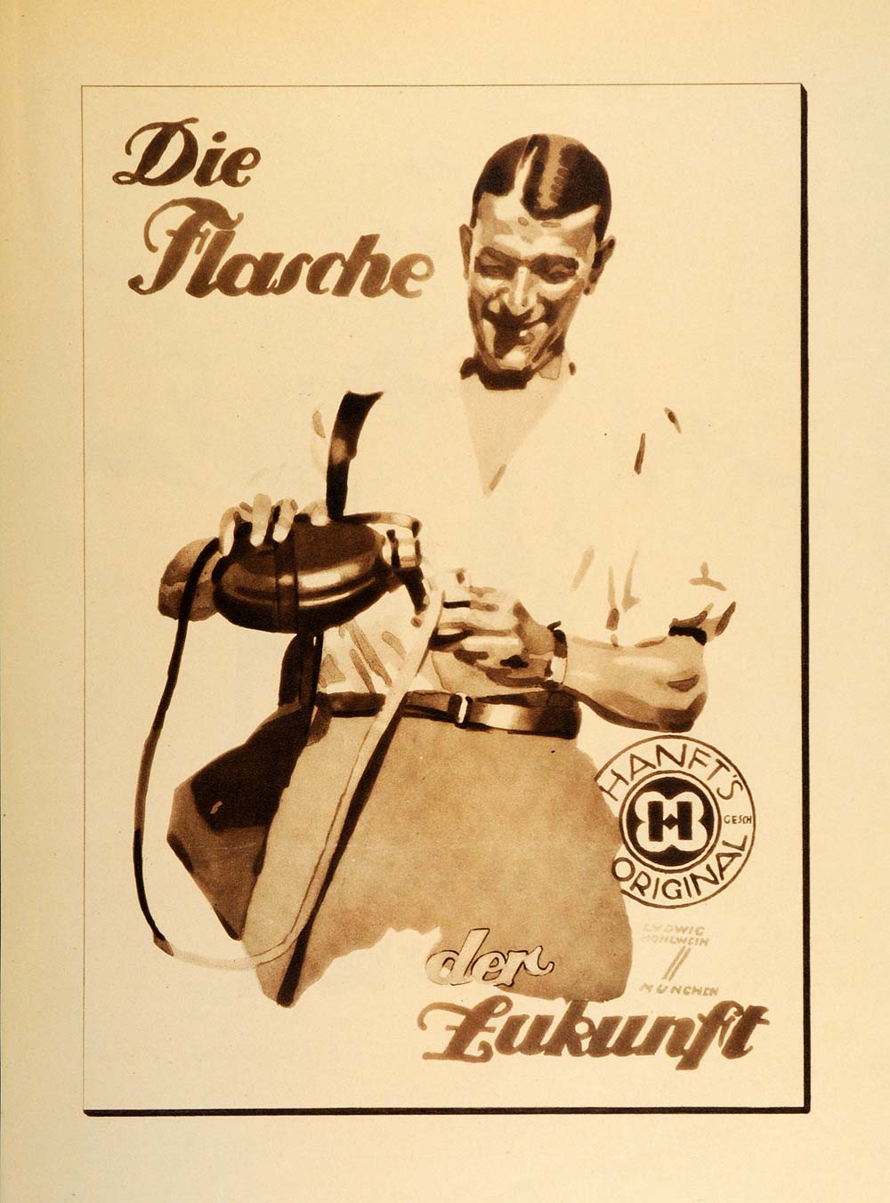 1926 Photogravure Ludwig Hohlwein Man Hanft's Canteen Flask German Poster Art Ad