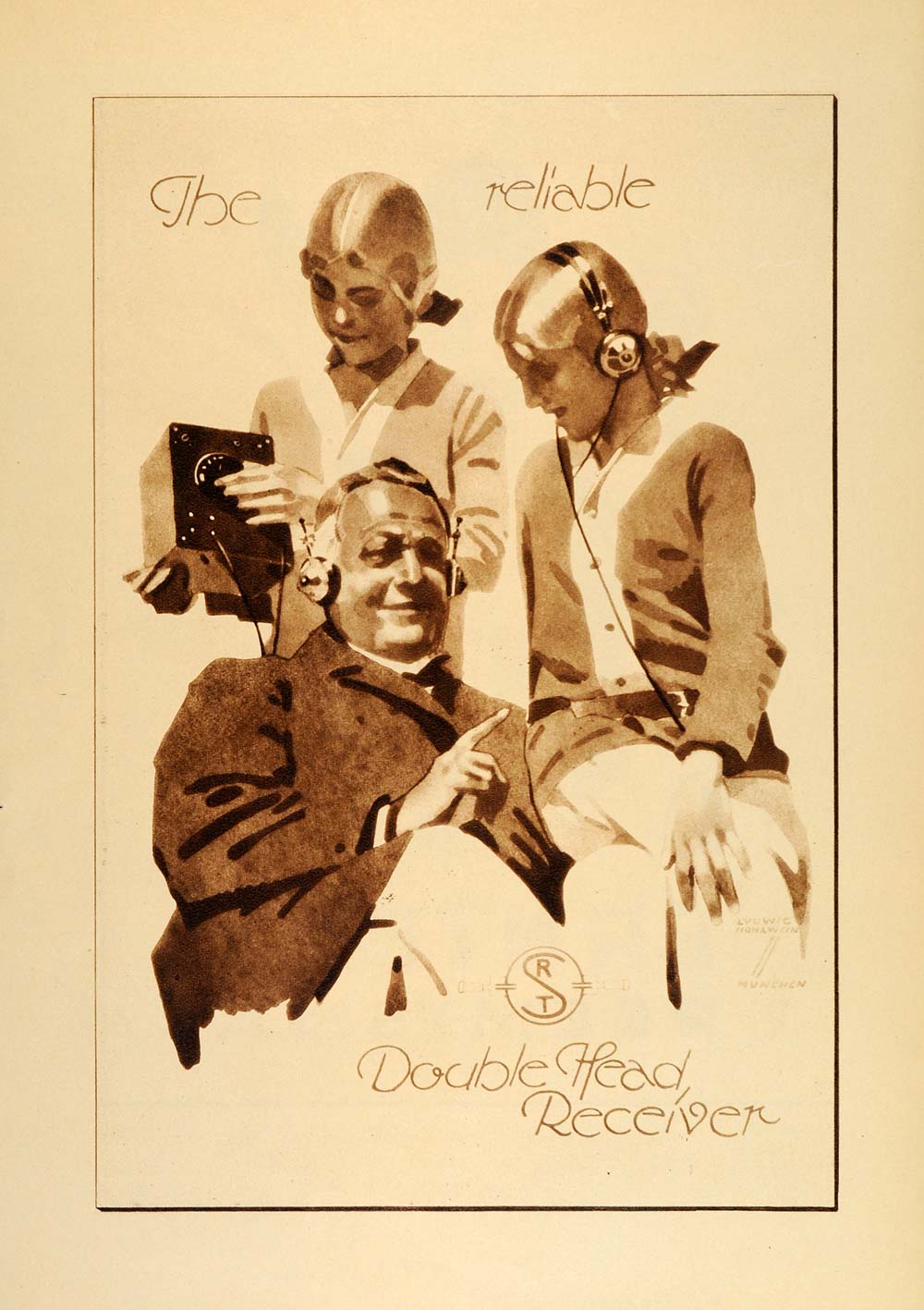 1926 Photogravure Ludwig Hohlwein Radio Receiver Headset German Poster Art Ad