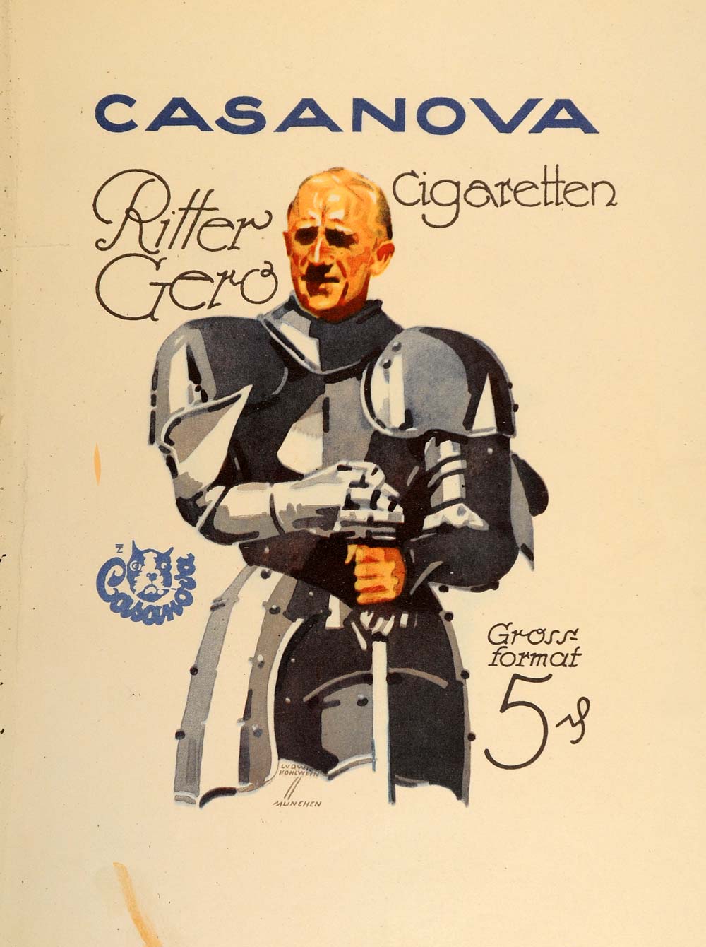 1926 Lithograph Hohlwein Casanova Cigarettes Knight Armor German Poster Art Ad