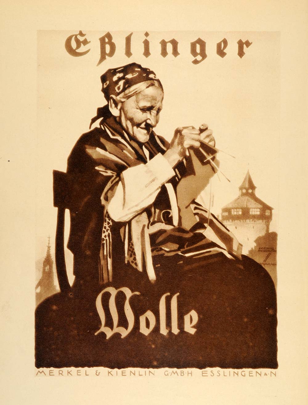 1926 Photogravure Hohlwein Esslinger Wolle Wool Old Woman Knitting German Poster