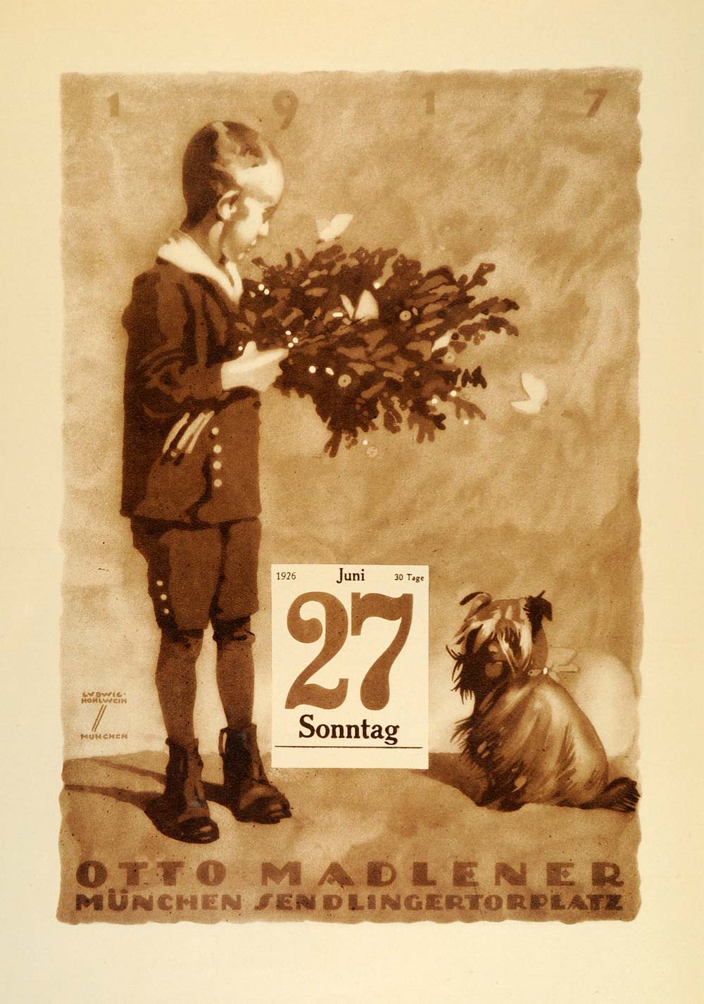 1926 Photogravure Ludwig Hohlwein Boy Dog Calendar 1917 German Design Art Ad