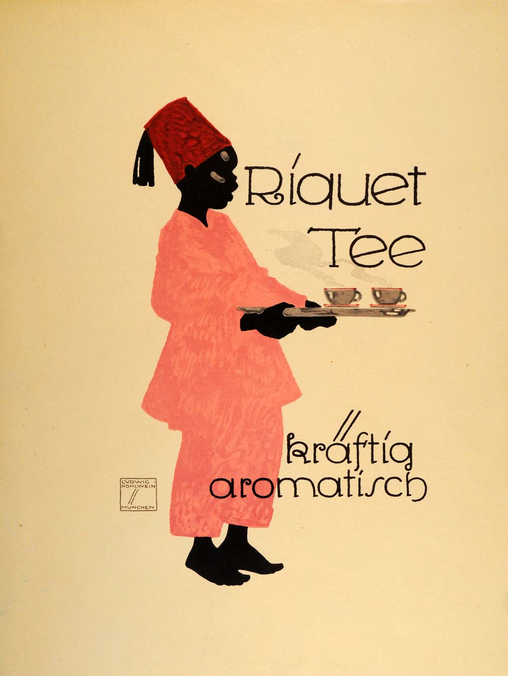 1926 Lithograph Ludwig Hohlwein Riquet Tee Tea Black Boy German Poster Art Ad