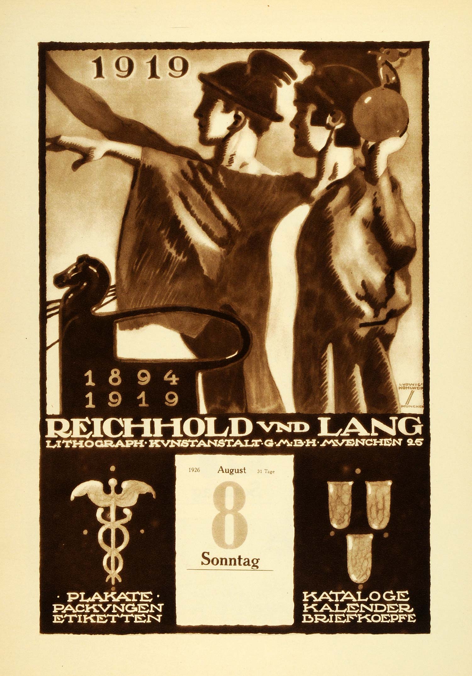 1926 Photogravure Ludwig Hohlwein Reichhold Lang Calendar Design German Art Ad