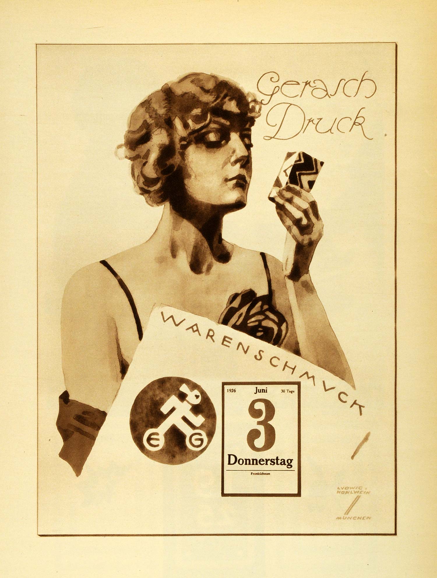 1926 Photogravure Ludwig Hohlwein Gerasch Druck Calendar Design German Art Ad